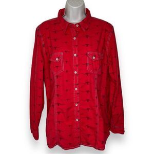 Barn Fly Red Steer Bull Print Long Sleeve Roll Tab Button Front Shirt Women XL